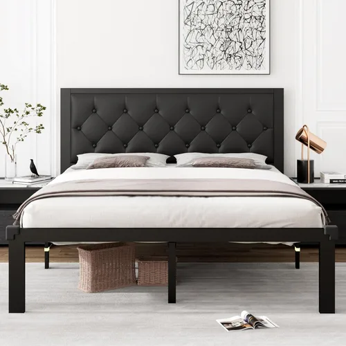 iPormis Marco de cama de metal tamaño Queen, plataforma de piel sintética con cabecera capitoné con botones, espacio debajo de la cama de 12 Negro