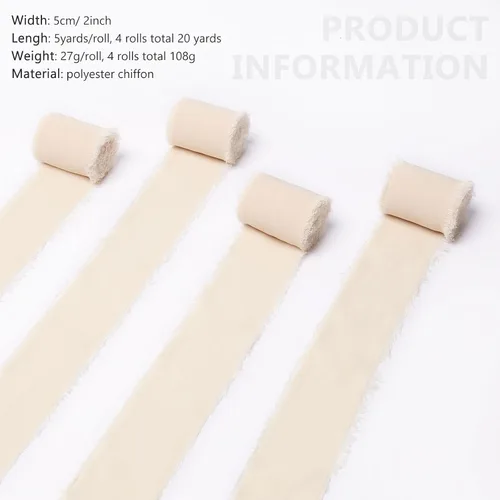 Miniatura 2 de Pretty Jolly Cinta de gasa beige para envolver regalos, 3 rollos de 2 pulgadas x 7 yardas, cinta de tela de seda hecha a mano con flecos para ramo