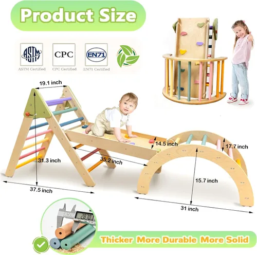 Miniatura 2 de aiwo Juego de triángulo Pikler 7 en 1 para niños pequeños, juguetes de escalada para interiores, gimnasio de escalada montessori para bebés, juego