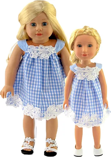 Miniatura 3 de American Fashion World Vestido a cuadros azul y blanco con vestido de encaje para muñecas de 14 pulgadas Calidad premium y diseño moderno Ropa