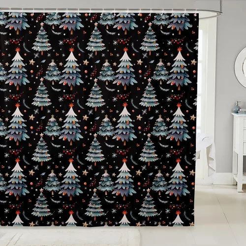 Miniatura 28 de Homewish Cortina de ducha de árbol de Navidad, juego de cortina de ducha de baño con diseño de copo de nieve dorado para niños y adultos, cortina