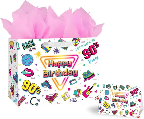BATYONGOGA Bolsa grande de regalo de cumpleaños retro de los años 90 con asas, incluye tarjeta de felicitación y papel de seda, bolsas de regalo