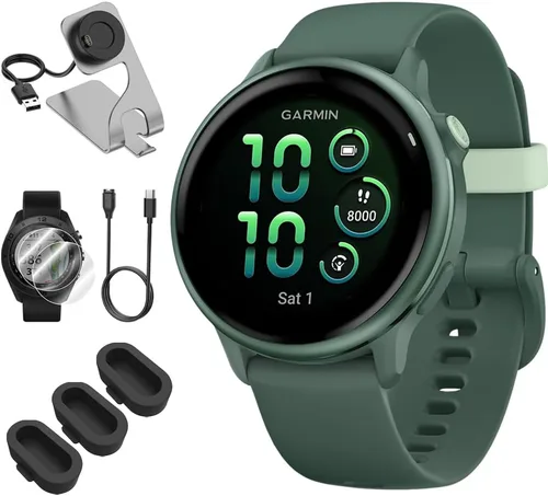 Garmin 010-02985-02 VIVOACTIVE 6 Reloj inteligente GPS de salud y fitness, color verde jaspe con banda de silicona con base de carga, cargador USB