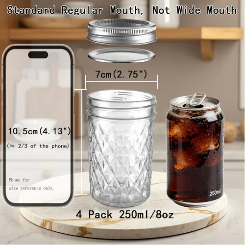 Miniatura 6 de Mason Jars - Tarros de boca regular de 8 onzas, paquete de 4 tarros de vidrio de grado alimenticio con tapas herméticas, tarros reutilizables sin