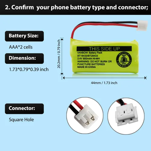 Miniatura 4 de BT18433/BT28433 2.4V 800mAh Ni-MH Batería inalámbrica para teléfono, también compatible con AT&T BT184342/BT284342 BT8300 BT1011 BT1018 BT1022