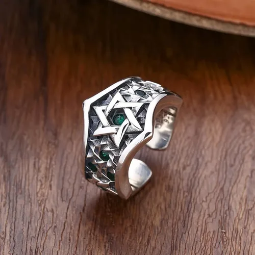 Miniatura 3 de Anillo vintage de plata de ley 925 con estrella de David judía con circonita cúbica para hombres y niños abierto ajustable, Metal, Zirconia cúbica
