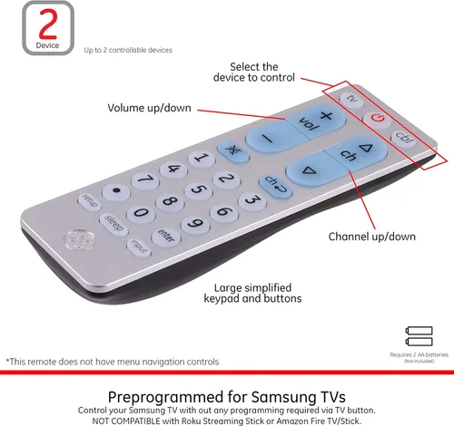 Miniatura 3 de GE Control remoto universal de 2 dispositivos, funciona con televisores inteligentes, LG, Sony, Blu Ray, DVD, DVR, Roku, Apple TV y otros