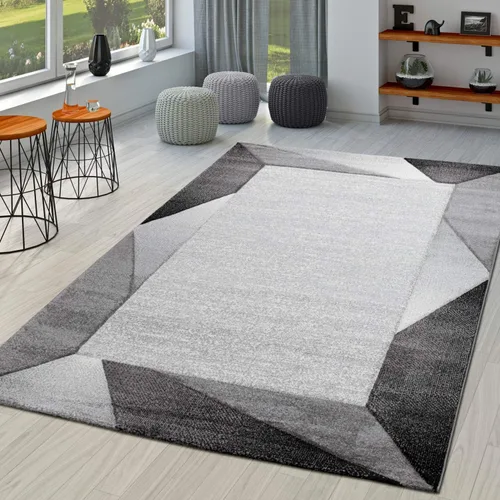 Miniatura 7 de Alfombra moderna con bordes geométricos en marrón beige con corte de contorno, tamaño: 5'3" x 7'7