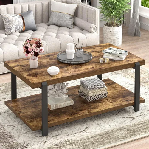 FOLUBAN Mesa de centro moderna, mesa central de madera rústica con almacenamiento para sala de estar, rectangular industrial de 2 niveles, mesa de