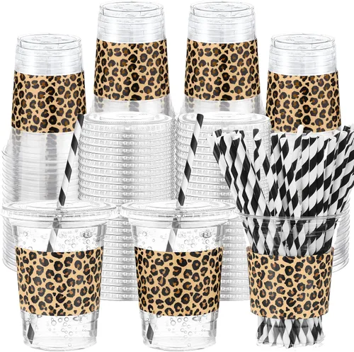 Miniatura 22 de Sliner 50 juegos de vasos de plástico a cuadros de 16 onzas con tapas y pajitas de papel, vasos desechables transparentes para fiesta de autos