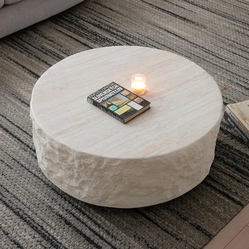 Miniatura 3 de Ø35.43'' Mesa de café redonda para sala de estar, moderna mesa de café en forma de tambor, material de fibra de vidrio, sin ensamblaje, beige