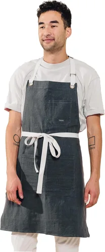 Miniatura 9 de Delantal de cocina de lino Caldo para cocinar - Delantal con peto de lino para hombres y mujeres para chef profesional, camarero o barista - Hueso