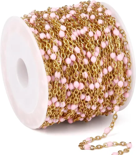 Miniatura 17 de Cadenas de esmalte dorado de 33 pies a granel, 2 mm, chapadas en oro de 18 quilates con PVD, acero inoxidable 304, cadena de eslabones con cuentas