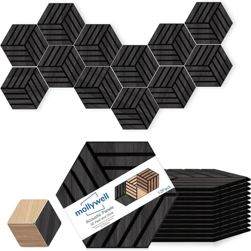 Miniatura 24 de Mollywell Paneles acústicos, decoración de grano de madera de PVC, azulejos de pared con patrón tallado de 12 x 12 pulgadas, autoadhesivos