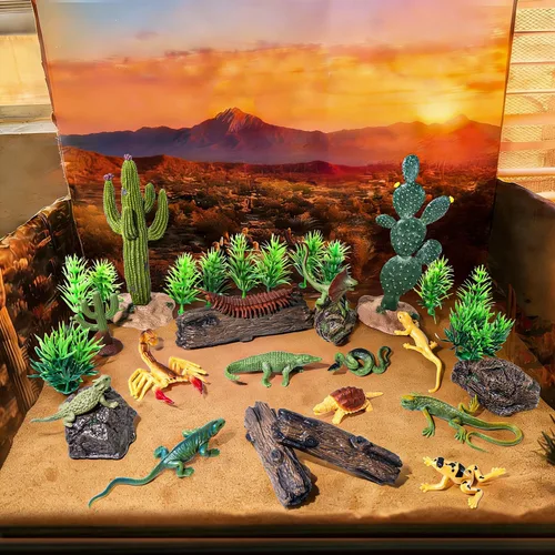 Miniatura 2 de 32 Piezas Figuras de Animales Reptiles del Desierto Juguetes de Resina Diorama Lagarto Serpiente Cactus Árboles Roca Conjunto de Juego para Niños