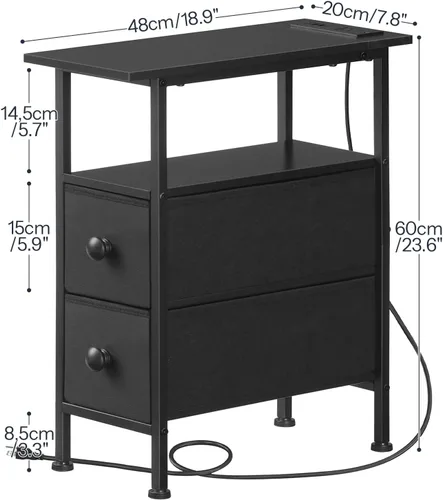 Miniatura 3 de HOOBRO Mesa auxiliar con estación de carga, mesa auxiliar estrecha con 2 cajones de tela, mesita de noche delgada con almacenamiento, mesita de Negro