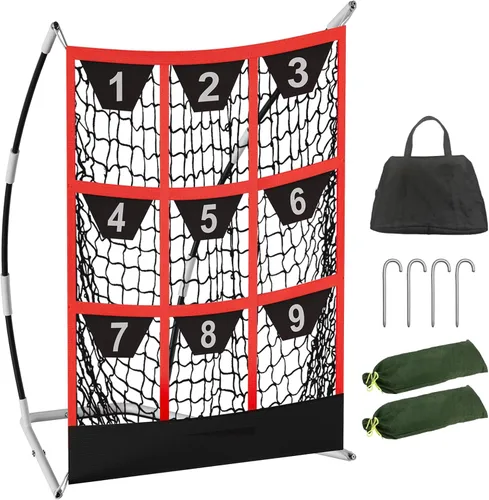 Miniatura 8 de Queension Red de lanzamiento objetivo de 9 agujeros con zona de golpeo Red de bateo de béisbol con bolsillos objetivo, red de lanzamiento con Negro