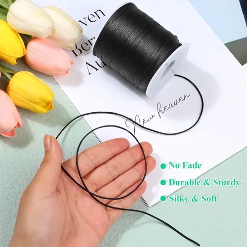 Miniatura 6 de anezus - Cordón de satén de nailon negro, cordón de nailon negro sedoso para pulseras trenzadas, collares colgantes, llaveros de macramé, cordones