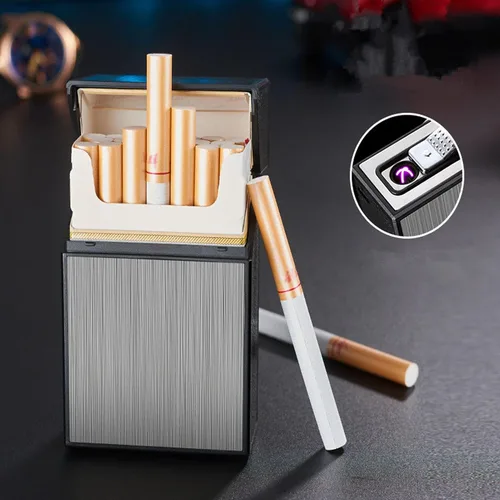 Miniatura 5 de Caja de cigarrillos con encendedor, 20 de capacidad, portátil, soporte para caja de cigarrillos, encendedor de doble arco, 2 en 1, recargable por