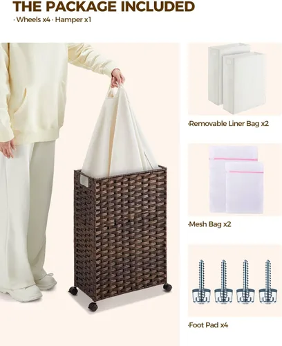 Miniatura 3 de GREENSTELL - Cesta de ropa con ruedas, 45 l (11.9 galones), cesto pequeño de ratán para ropa con 2 bolsas extraíbles y 2 bolsas de malla, cesto
