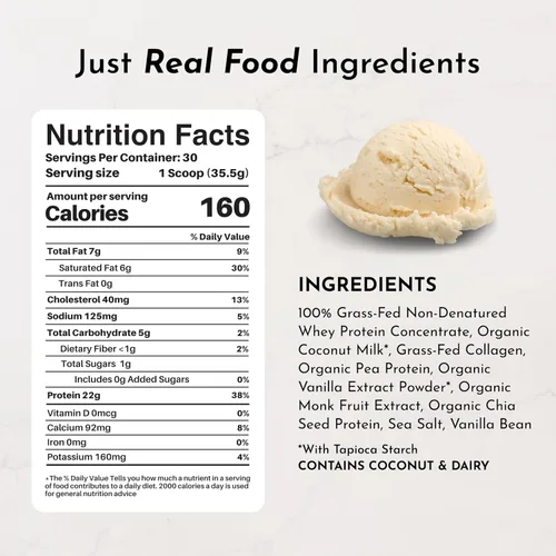 Miniatura 7 de JUST INGREDIENTS Polvo de proteína de vainilla francesa – Bolsa de 30 porciones – Mezcla de suero de leche alimentada con pasto y proteína vegetal
