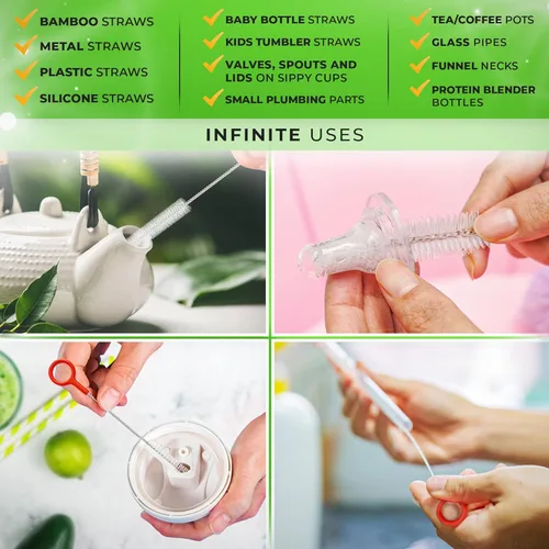 Miniatura 4 de Buenalife Juego de cepillos de limpieza resistentes de 4 piezas - Limpiadores de pajitas extra largos para popotes reutilizables de metal