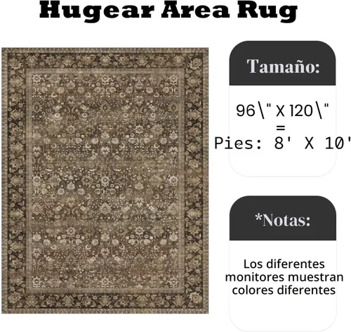 Miniatura 2 de HUGEAR 8x10 Alfombras lavables a máquina color marrón para pasillo, alfombra grande de área interior, alfombra de acento floral, alfombra de pelo
