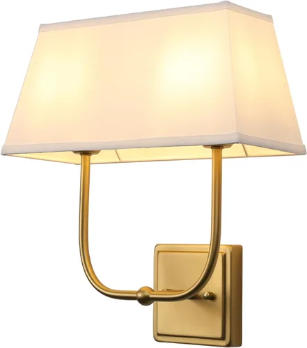 Apliques de pared vintage de 2 luces con pantalla de tela blanca, accesorio de luces de tocador de baño de doble cabezal en latón antiguo, lámparas