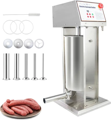 Relleno de salchichas eléctrico comercial, de acero inoxidable, máquina de salchichas vertical de 12 litros/25 libras con 4 tubos S/S, relleno