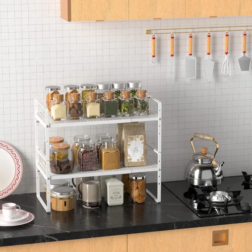 Miniatura 4 de Redrubbit Estante de almacenamiento ampliable para gabinete, altura ajustable, de metal, organizador de cocina, estantes para especias para cocina