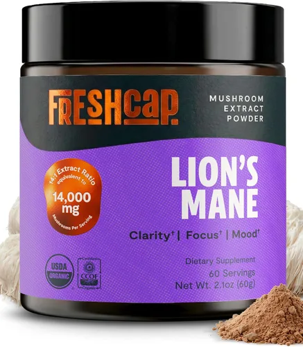 FreshCap Mushrooms Suplemento de melena de leones en polvo, 14,000 mg, extracto de melena de león, suplemento de hongos para concentración y
