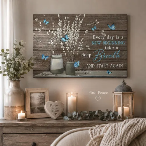 Miniatura 7 de Arte de pared de lienzo para baño estilo granja, vintage, rústico, país, flor, mariposa azul, pintura, imagen, decoración de pared, Cada día es un