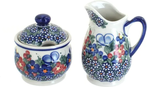 Miniatura 14 de Set de crema y azúcar de flor de manzana y cerámica polaca de rosa azul