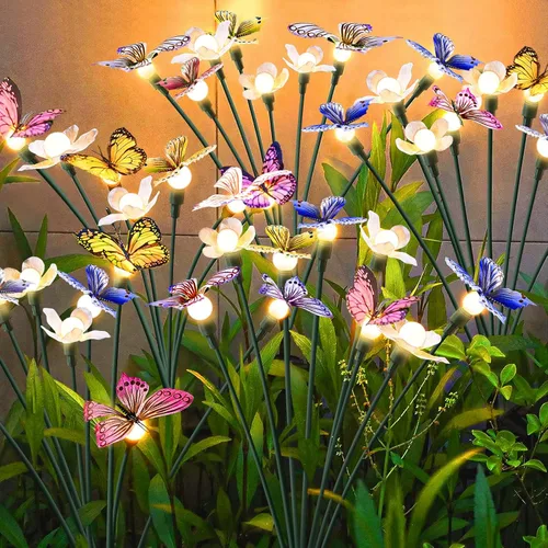 FENSAN Luces solares de jardín, 2 paquetes de 16 LED, decoración alimentada por energía solar al aire libre para patio, camino, luces de mariposa