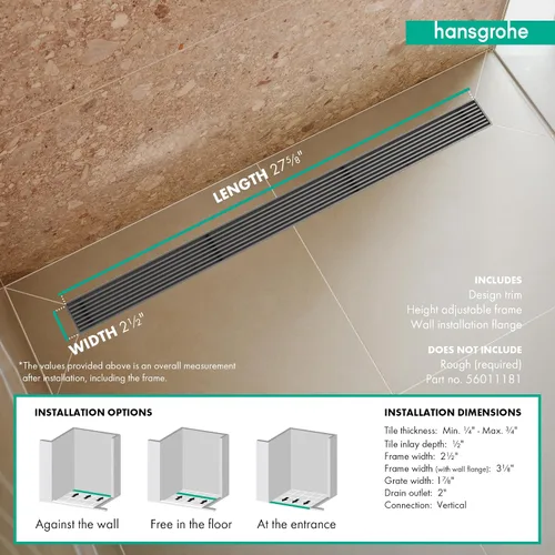 Miniatura 8 de hansgrohe RainDrain Match Boardwalk - Drenaje de ducha lineal para 27 5/8 pulgadas, con marco de altura ajustable en acero inoxidable cepillado