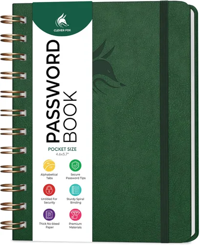 Miniatura 17 de Clever Fox Libro de Contraseñas en Espiral – Organizador de Direcciones de Internet y Contraseñas con Pestañas Alfabéticas Laminadas – Diario Negro