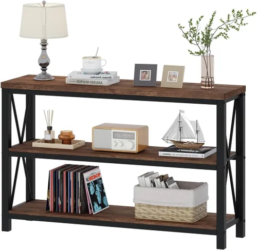 Miniatura 8 de BON AUGURE - Mesa de consola rústica detrás del sofá, mesa industrial de entrada con estantes, mesas de sofá de 3 niveles estilo granja para sala