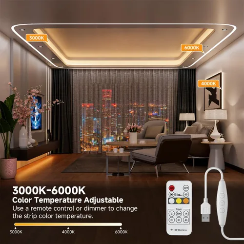 Miniatura 2 de COB CCT - Tira de luces LED de 6.56 pies, 5 V, USB, sintonizable, blanco, 2700K-6500K, tiras CCT regulables con control remoto RF, CRI90+ 0.394