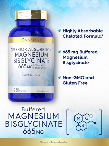 Miniatura 3 de Carlyle Bisglicinato de magnesio tamponado 665 mg 250 cápsulas Mineral esencial quelado Suplemento sin OMG y sin gluten