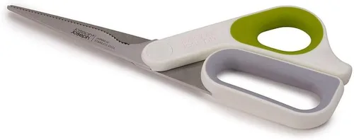 Joseph Joseph PowerGrip Tijeras de cocina con agarre para el pulgar y separador de hierbas para limpiar acero inoxidable japonés, blanco/verde