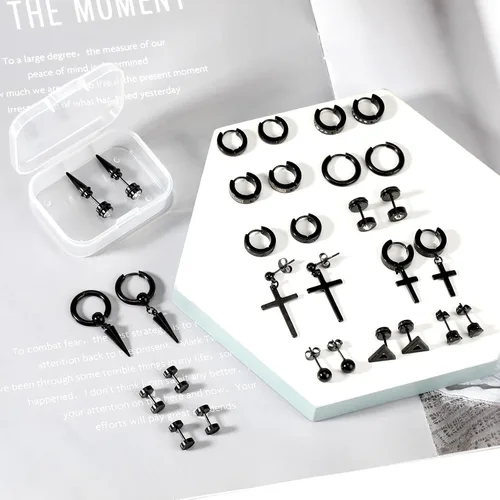 Miniatura 7 de ONESING Juego de 15 pares de aretes para hombre, aretes negros de acero inoxidable, aretes de cruz para hombres y mujeres, hipoalergénicos