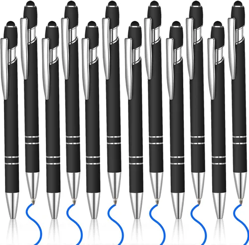 12 bolígrafos de tinta azul con punta de lápiz capacitivo, bolígrafo de metal de 0.039 pulgadas para pantallas táctiles, 2 en 1, regalo para amigos,