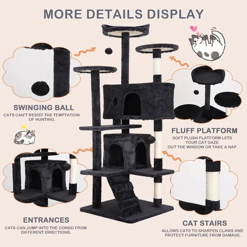 Miniatura 4 de Árbol para gatos de varios niveles de 54 pulgadas de alto, muebles con 3 postes rascadores, 3 plataformas de soporte, 2 condominios, torre con Gris