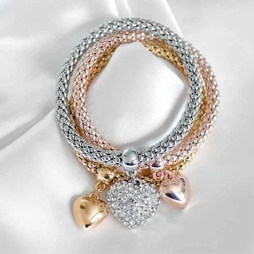 Miniatura 5 de SILANER Pulseras multicapa con dijes de cristal, 3 unidades, oro y plata, oro rosa, pulsera elástica en forma de corazón para mujer, árbol de la vida