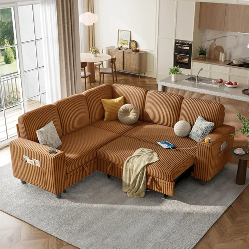 Miniatura 15 de LINSY HOME Sofá cama modular extraíble para sala de estar (beige, sofá cama 1) Sofá cama extraíble, almacenamiento, carga USB, portavasos, pana