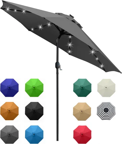 Miniatura 10 de Sunnyglade Sombrilla de patio con luz LED solar de 9 pies con 8 varillas/ajuste de inclinación y sistema de elevación de manivela (azul turquesa)