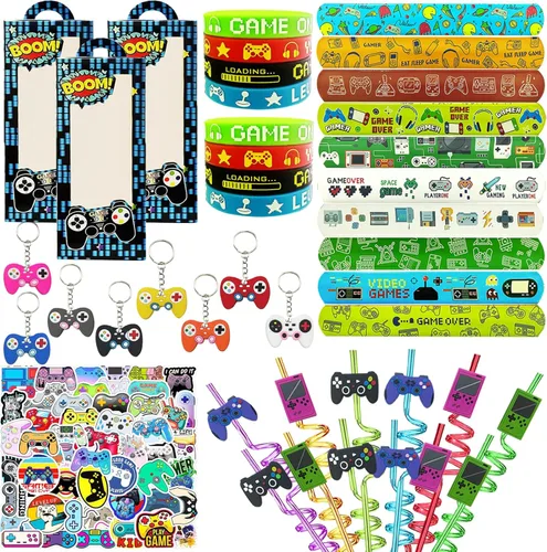 110 piezas de regalos de fiesta de videojuegos, suministros para fiesta de cumpleaños con pajitas reutilizables para beber, llaveros, cajas de