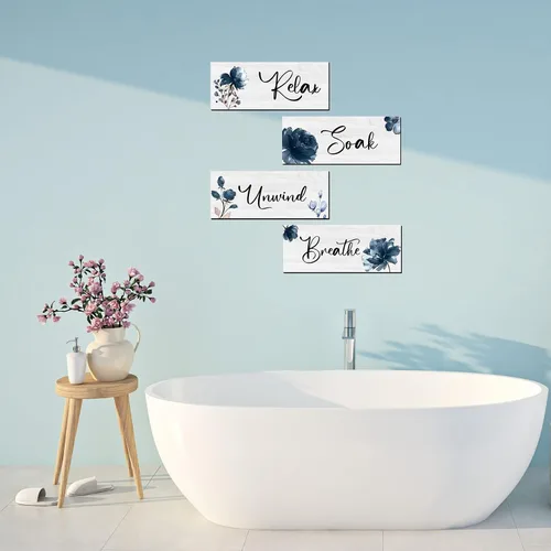 Miniatura 4 de 4 piezas de placa de pared grande para baño, decoración de pared de madera para baño, lavandería, baño, letrero colgante para el hogar, spa, Azul