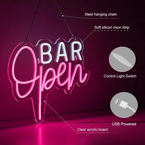 Miniatura 3 de Letrero de neón abierto para decoración de pared con interruptor regulable, barras de arte LED, cerveza, luz de neón