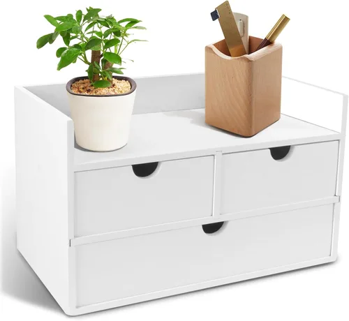 Miniatura 13 de Organizador de escritorio de bambú con cajones, cajones de mostrador, 2 cajones, caja de almacenamiento de esquina para escritorio, organizador